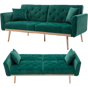 Light Luxury Velvet Convertible Modern Sofa Cum Bed (Dark Green)