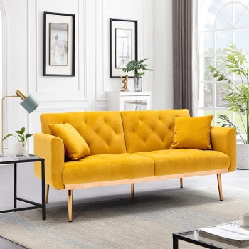 Light Luxury Velvet Convertible Modern Sofa Cum Bed (Yellow)