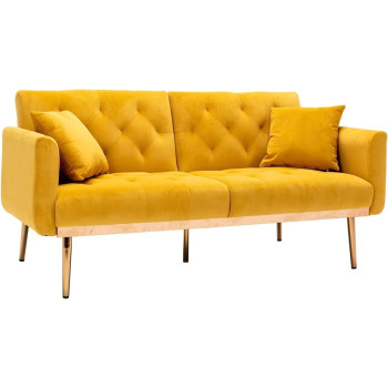 Light Luxury Velvet Convertible Modern Sofa Cum Bed (Yellow)