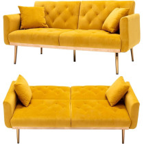 Light Luxury Velvet Convertible Modern Sofa Cum Bed (Yellow)