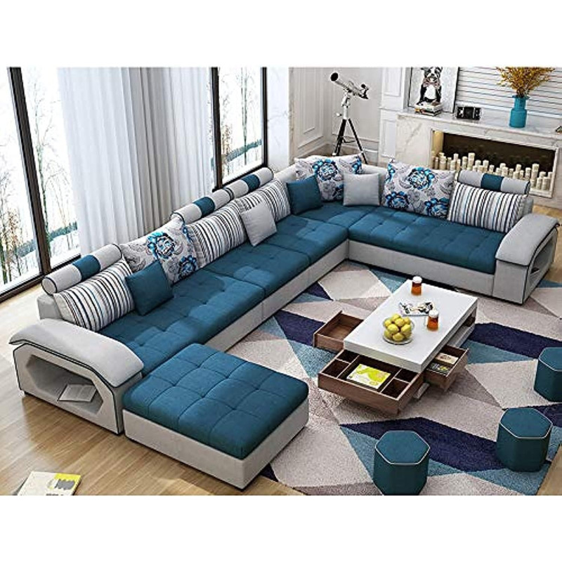 Modern Couch U Shaped Fabric Living Room Furniture Chaise Lounge Recliner Sectional L Shape Corner Sofa Sets (BLUE)
