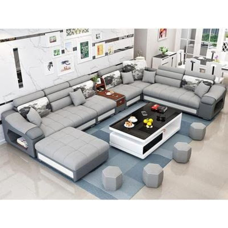 Modern Couch U Shaped Fabric Living Room Furniture Chaise Lounge Recliner Sectional L Shape Corner Sofa Sets (Grey)
