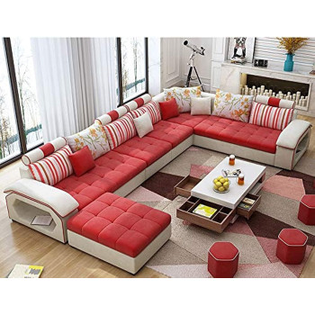 Modern Couch U Shaped Fabric Living Room Furniture Chaise Lounge Recliner Sectional L Shape Corner Sofa Sets (Red)