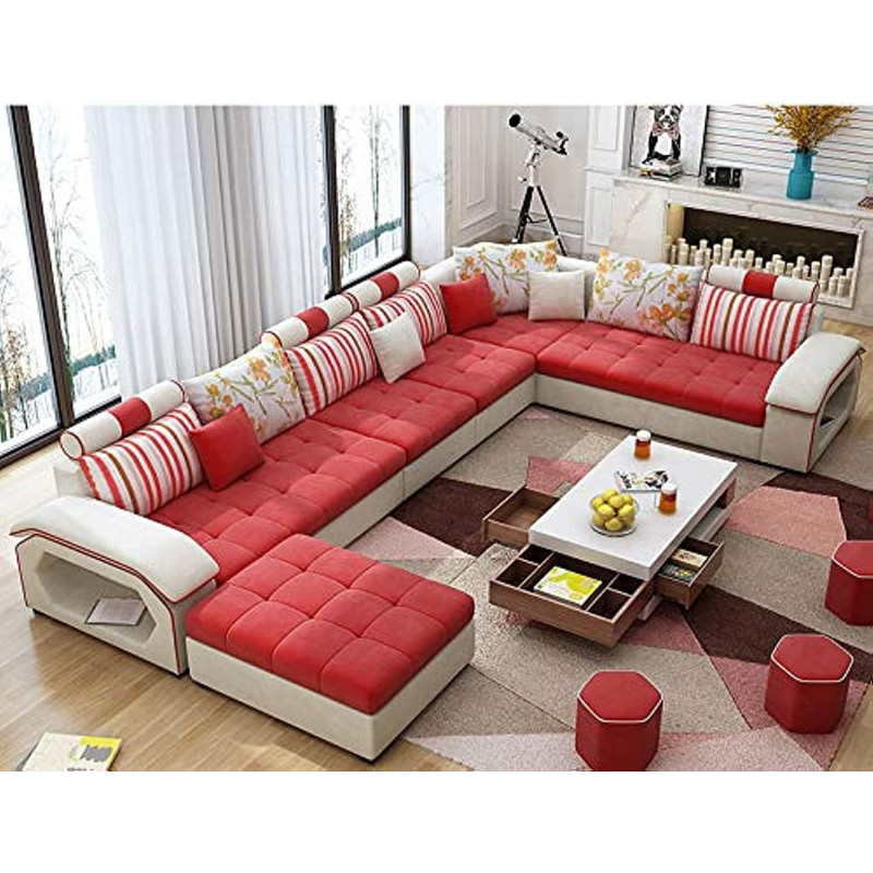 Modern Couch U Shaped Fabric Living Room Furniture Chaise Lounge Recliner Sectional L Shape Corner Sofa Sets (Red)