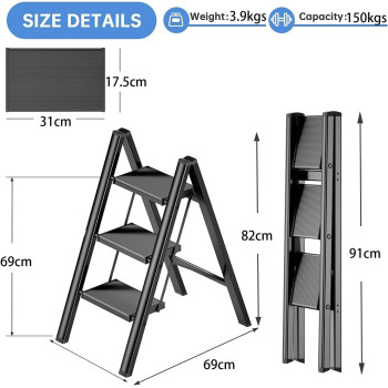 3 Steps Ladder Aluminum Folding Step, Stool with Anti-Slip Sturdy and Wide Pedal Light weight, Portable Multi-Use Stepladder for Home and Kitchen (3 Steps, Black) IT-28906