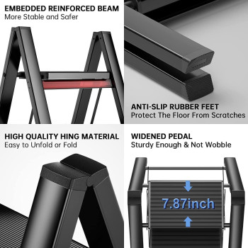 3 Steps Ladder Aluminum Folding Step, Stool with Anti-Slip Sturdy and Wide Pedal Light weight, Portable Multi-Use Stepladder for Home and Kitchen (3 Steps, Black) IT-28906