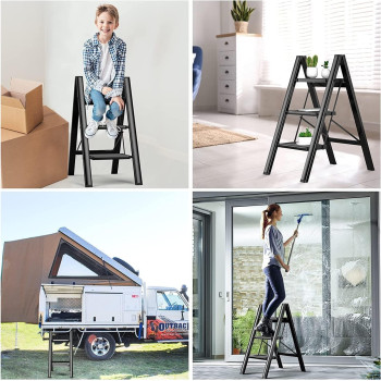 3 Steps Ladder Aluminum Folding Step, Stool with Anti-Slip Sturdy and Wide Pedal Light weight, Portable Multi-Use Stepladder for Home and Kitchen (3 Steps, Black) IT-28906