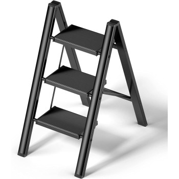 3 Steps Ladder Aluminum Folding Step, Stool with Anti-Slip Sturdy and Wide Pedal Light weight, Portable Multi-Use Stepladder for Home and Kitchen (3 Steps, Black) IT-28906