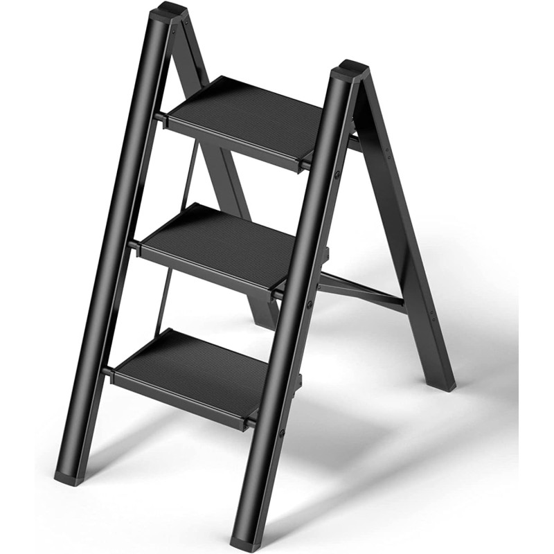 3 Steps Ladder Aluminum Folding Step, Stool with Anti-Slip Sturdy and Wide Pedal Light weight, Portable Multi-Use Stepladder for Home and Kitchen (3 Steps, Black) IT-28906