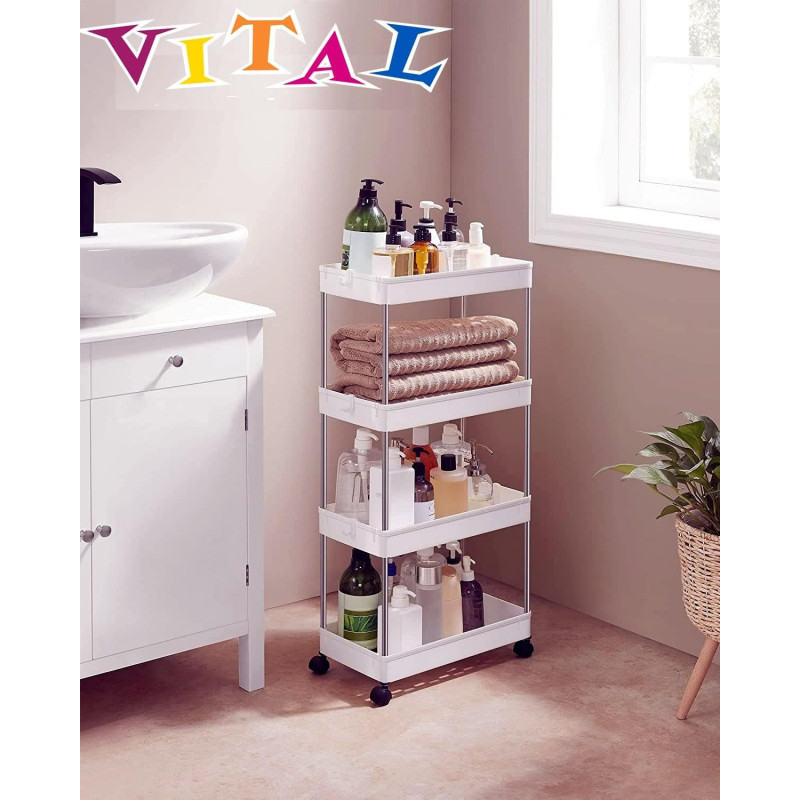 4-Tier Slide Out Storage Cart, Slim Rolling Cart on Wheels, Slim Storage Cart, Space-Saving Bathroom Storage, Kitchen, Narrow Shelf - NW-30756