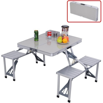 Aluminum Folding Camping Picnic Table With 4 Seats Portable Set Outdoor Garden - NU-30682, Silver