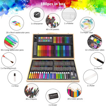 Art Set Kit Artists Drawing Pen Set Sketching Painting with Portable Wooden Case Color Pencils Markers Oil Pastels Crayon Great Gift (180 pcs Set)