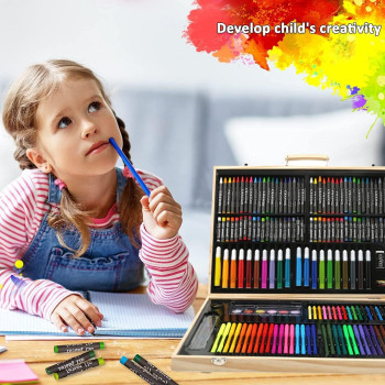 Art Set Kit Artists Drawing Pen Set Sketching Painting with Portable Wooden Case Color Pencils Markers Oil Pastels Crayon Great Gift (180 pcs Set)