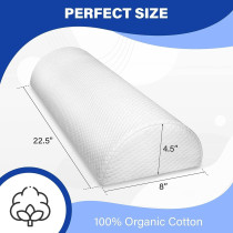 Back Pain Relief Bolster Pillow - Half Moon Knee Pillow for Side, Back, Stomach Sleepers - Semi Roll Round Lumbar Leg Wedge Organic Cotton Cover