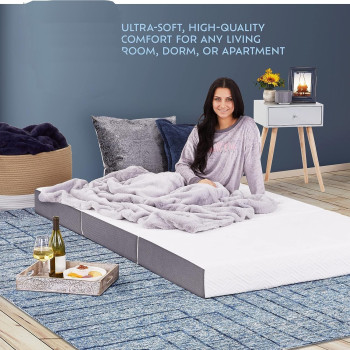 Deep Sleep 4 Inch Tri Folding Mattress Twin Size with Storage Bag, Foldable Memory Foam Topper Portable Floor Guest Bed with Removable Bamboo Cover (Single - W 90 x L 180 cm)
