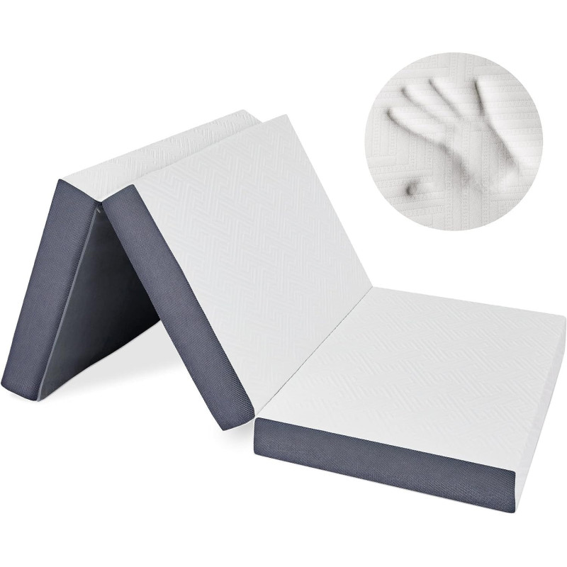 Deep Sleep 4 Inch Tri Folding Mattress Twin Size with Storage Bag, Foldable Memory Foam Topper Portable Floor Guest Bed with Removable Bamboo Cover (Single - W 90 x L 180 cm)