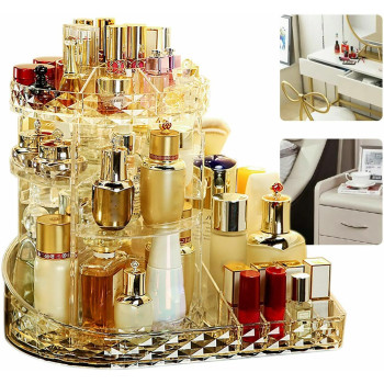 DEEP SLEEP EVERY NIGHT Clear L-Shape Bottom Makeup Organizer 360 Degree Rotating Multi-Function Acrylic Diamond Pattern Cosmetic Storage Display Case