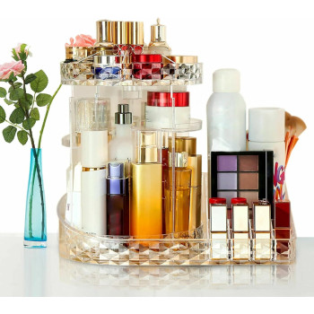 DEEP SLEEP EVERY NIGHT Clear L-Shape Bottom Makeup Organizer 360 Degree Rotating Multi-Function Acrylic Diamond Pattern Cosmetic Storage Display Case