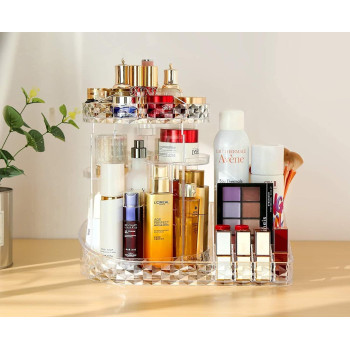 DEEP SLEEP EVERY NIGHT Clear L-Shape Bottom Makeup Organizer 360 Degree Rotating Multi-Function Acrylic Diamond Pattern Cosmetic Storage Display Case