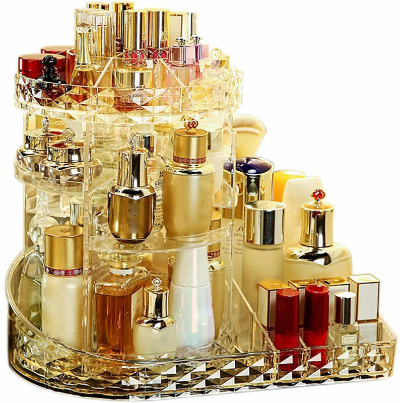 DEEP SLEEP EVERY NIGHT Clear L-Shape Bottom Makeup Organizer 360 Degree Rotating Multi-Function Acrylic Diamond Pattern Cosmetic Storage Display Case