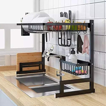 DEEP SLEEP EVERY NIGHT Dish Drying Rack Over Sink Display Stand Drainer Stainless Steel Kitchen Supplies Storage Shelf Utensils Holder (Black) (Shelf Utensils Holder)