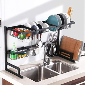 DEEP SLEEP EVERY NIGHT Dish Drying Rack Over Sink Display Stand Drainer Stainless Steel Kitchen Supplies Storage Shelf Utensils Holder (Black) (Shelf Utensils Holder)