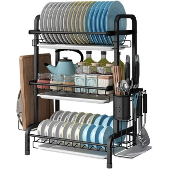 DEEP SLEEP EVERY NIGHT Dish Drying Rack,3 Tier Extra Large Carbon Steel Dish Rack and Drainboard Set for Kitchen Countertop,Easy Install Dish Drainer