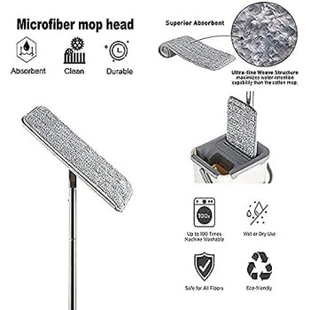 Deep Sleep Every Night Microfiber Flat Mop with Bucket, Cleaning Squeeze Hand Free Floor Mop, Reusable Mop Pads, Stainless Steel Handle, 360 Rotating Head Squeeze Flat Mop