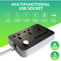 DEEP SLEEP EVERY NIGHT Power Strips Extension Cord 3 Outlets, Power Socket with 6 USB Ports Universal Charging Socket with 2M Bold Extension Cord