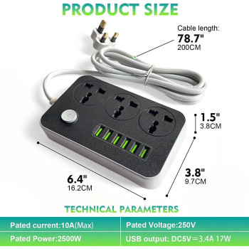 DEEP SLEEP EVERY NIGHT Power Strips Extension Cord 3 Outlets, Power Socket with 6 USB Ports Universal Charging Socket with 2M Bold Extension Cord