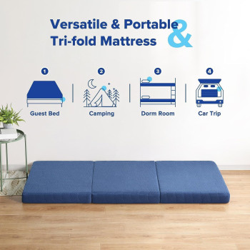 Deep Sleep Tri-Folding Foam Mattress, 4 Inch Single Size, Play Mat, Foldable Bed, Guest Beds, Portable Bed, XV-6R2Z-N5KV