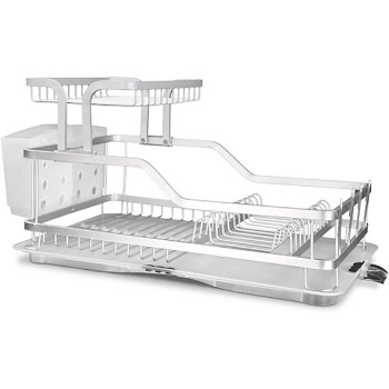 Dish Drying Rack, 2 Tier Dish Racks Drainboard Set for Kitchen Counter with Swivel Spout, Rustproof Aluminum Dish Drainer Compatible with Utensil Holder, Cup Holder(NW-30892)