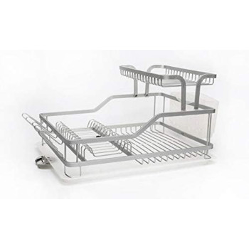Dish Drying Rack, 2 Tier Dish Racks Drainboard Set for Kitchen Counter with Swivel Spout, Rustproof Aluminum Dish Drainer Compatible with Utensil Holder, Cup Holder(NW-30892)