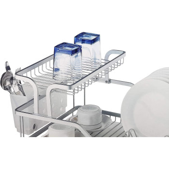 Dish Drying Rack, 2 Tier Dish Racks Drainboard Set for Kitchen Counter with Swivel Spout, Rustproof Aluminum Dish Drainer Compatible with Utensil Holder, Cup Holder(NW-30892)