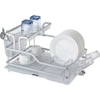 Dish Drying Rack, 2 Tier Dish Racks Drainboard Set for Kitchen Counter with Swivel Spout, Rustproof Aluminum Dish Drainer Compatible with Utensil Holder, Cup Holder(NW-30892)