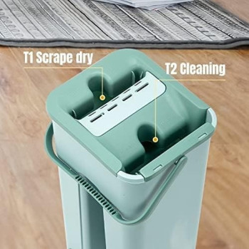 Deep Sleep Microfiber Flat Mop with Bucket, Cleaning Squeeze Hand Free Floor Mop, Reusable Mop Pads, Stainless Steel Handle, 360 Degree Rotating Head Squeeze Flat Mop