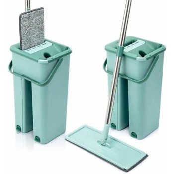 Deep Sleep Microfiber Flat Mop with Bucket, Cleaning Squeeze Hand Free Floor Mop, Reusable Mop Pads, Stainless Steel Handle, 360 Degree Rotating Head Squeeze Flat Mop