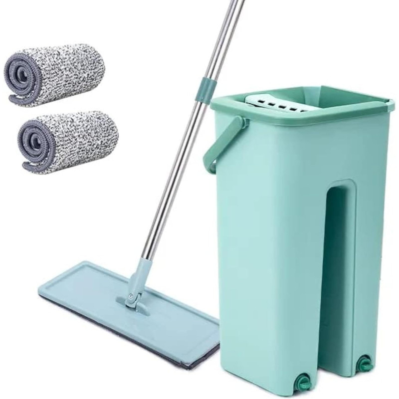 Deep Sleep Microfiber Flat Mop with Bucket, Cleaning Squeeze Hand Free Floor Mop, Reusable Mop Pads, Stainless Steel Handle, 360 Degree Rotating Head Squeeze Flat Mop