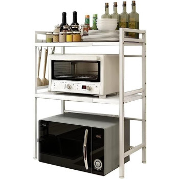 Multifunctional Simple Storage Rack 3 Tiers Metal Heavy Duty Microwave Stand, Adjustable Countertop Kitchen Organizer with 3 Hooks(White, H-Frame 3 tier)