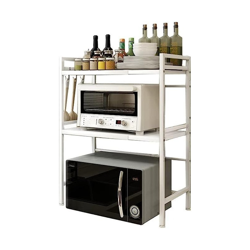 Multifunctional Simple Storage Rack 3 Tiers Metal Heavy Duty Microwave Stand, Adjustable Countertop Kitchen Organizer with 3 Hooks(White, H-Frame 3 tier)