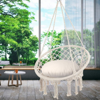 Y- STOP Hammock Chair Macrame Swing, Max 330 Lbs, Hanging Cotton Rope Hammock Swing Chair for Indoor and Outdoor Use (Beige)