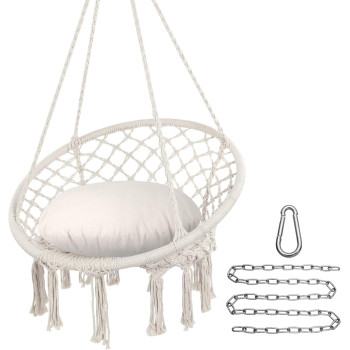 Y- STOP Hammock Chair Macrame Swing, Max 330 Lbs, Hanging Cotton Rope Hammock Swing Chair for Indoor and Outdoor Use (Beige)