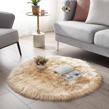 Round Fur Rug for Bedroom, Fluffy Circle Rugs for Kids Room, Furry Carpet for Teen Girls Room, Non-Slip Shaggy Circular Rug Plush Rug (Beige, 30 cm x 30 cm)