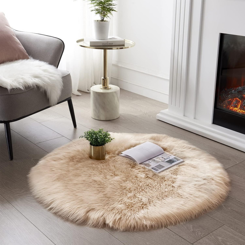 Round Fur Rug for Bedroom, Fluffy Circle Rugs for Kids Room, Furry Carpet for Teen Girls Room, Non-Slip Shaggy Circular Rug Plush Rug (Beige, 30 cm x 30 cm)