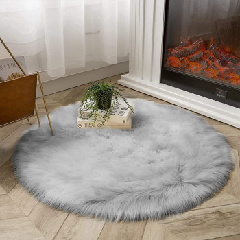 Round Fur Rug for Bedroom, Fluffy Circle Rugs for Kids Room, Furry Carpet for Teen Girls Room, Non-Slip Shaggy Circular Rug Plush Rug (Gray, 30 cm x 30 cm)