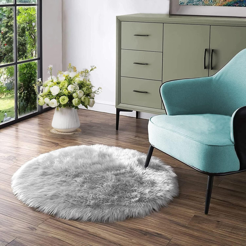 Round Fur Rug for Bedroom, Fluffy Circle Rugs for Kids Room, Furry Carpet for Teen Girls Room, Non-Slip Shaggy Circular Rug Plush Rug (Gray, 30 cm x 30 cm)