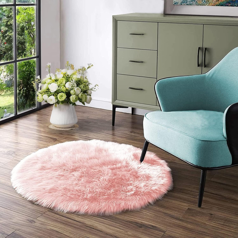 Round Fur Rug for Bedroom, Fluffy Circle Rugs for Kids Room, Furry Carpet for Teen Girls Room, Non-Slip Shaggy Circular Rug Plush Rug (Pink, 30 cm x 30 cm)