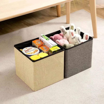 Storage Ottoman Folding Storage Ottoman Cube Footrest Seat,Space Saving Foldable Storage Ottoman Boxes Padded Beige 33 x 33 x 33 cm MD-31359 (Dark Blue)