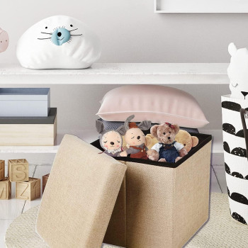 Storage Ottoman Folding Storage Ottoman Cube Footrest Seat,Space Saving Foldable Storage Ottoman Boxes Padded Beige 33 x 33 x 33 cm MD-31359 (Off-White)