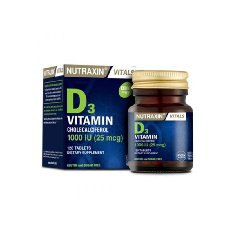Nutraxin Vitals D3 Vitamin Cholecalciferol 1000Iu 25Mcg 120 Tablets